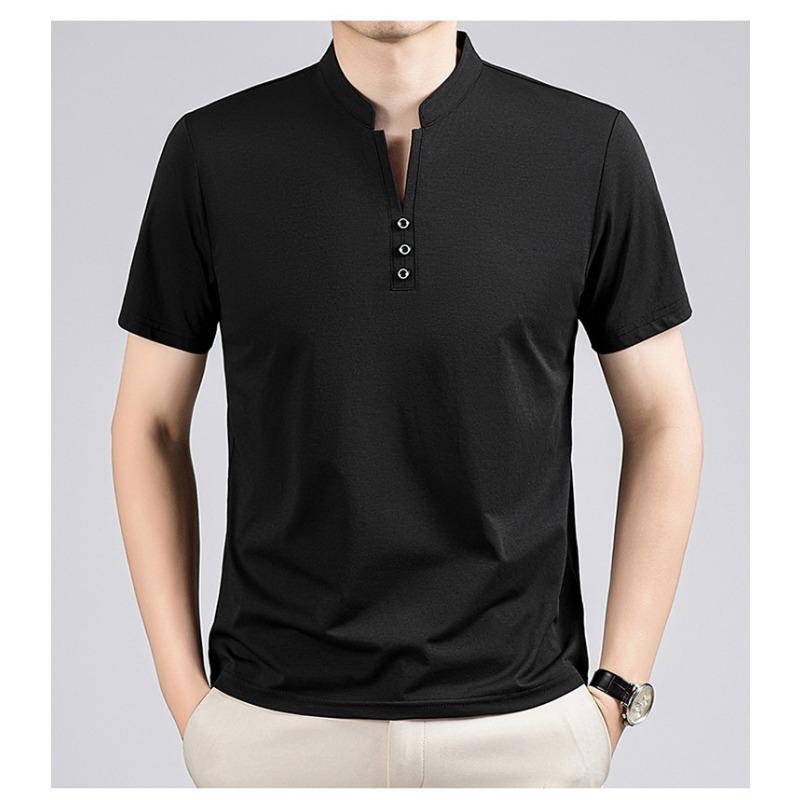 Men's Slim Fit Stand Collar Henley T-Shirt - Casual Button Detail Short Sleeve Top
