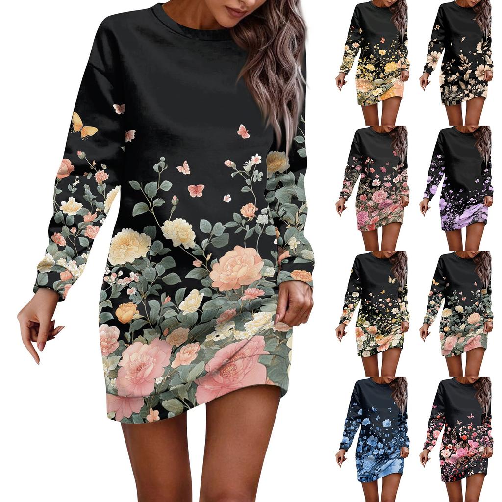 Women's Round Neck Vintage Floral Print Long Sleeve Wrap Dress Sweatshirt Dresses
