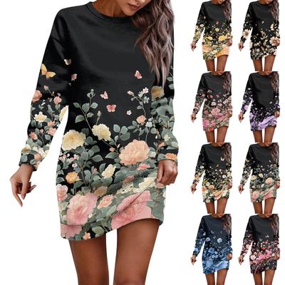 Vestidos Sudadera de Manga Larga con Cuello Redondo para Mujer con Estampado Floral Vintage