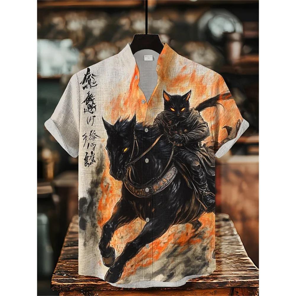 Men's Short-sleeved Shirt with Cat and Dinosaur Print, Casual and Stylish Vacation-style Men's Top, Fashionable Hawaiian Design.