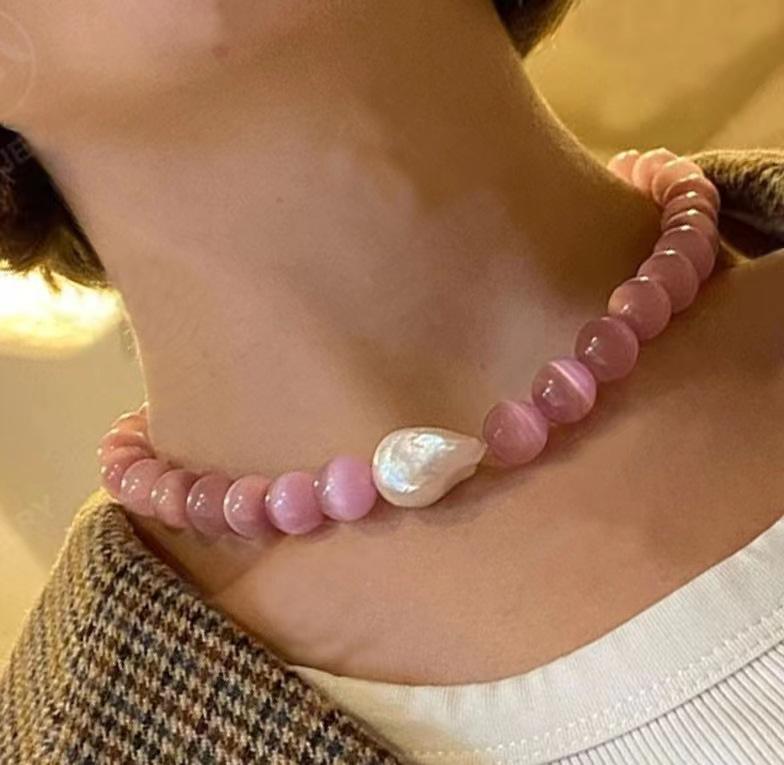 

Барочный жемчуг и камень кошачий глаз ожерелье-цепочка на ключицу