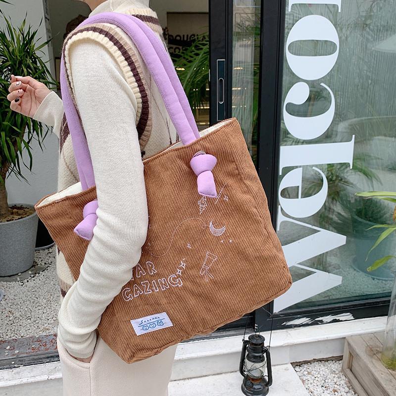 Cozy Plush Shoulder Tote Bag With Moon And Stars Embroidery For Trendy Students Brown