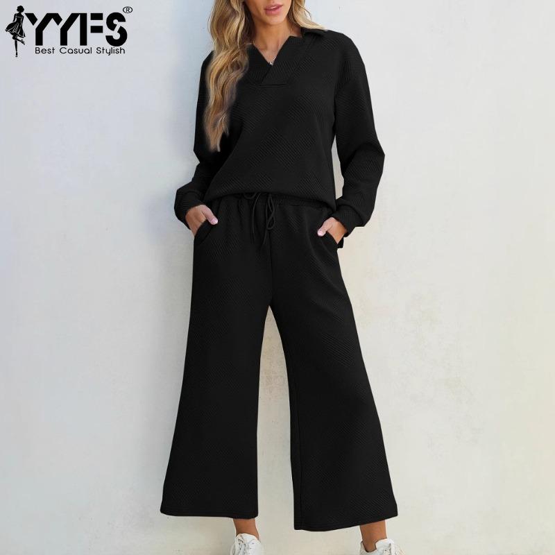 YYFS Damenmode Casual Frühling Herbst Einfarbig Druck Langarm V-Ausschnitt Hosen Hosen Anzüge