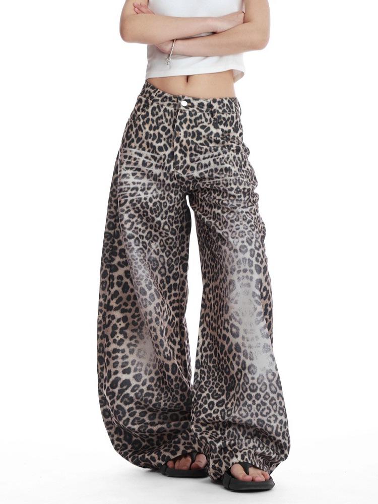 Unisex Retro Leopard Print High Waist Wide Leg Jeans - Trendy American Style