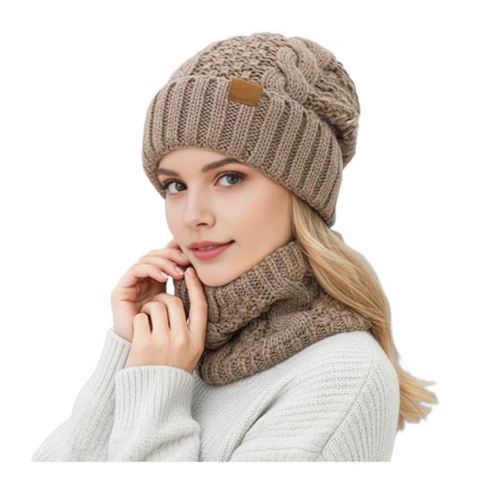 Conjunto de Chapéu e Cachecol Feminino 2 Peças/Conjunto Cor Sólida Textura Torcida Quente Térmico Tricotado Chapéu Cachecol de Pescoço Conjunto Acessórios de Inverno para Exterior