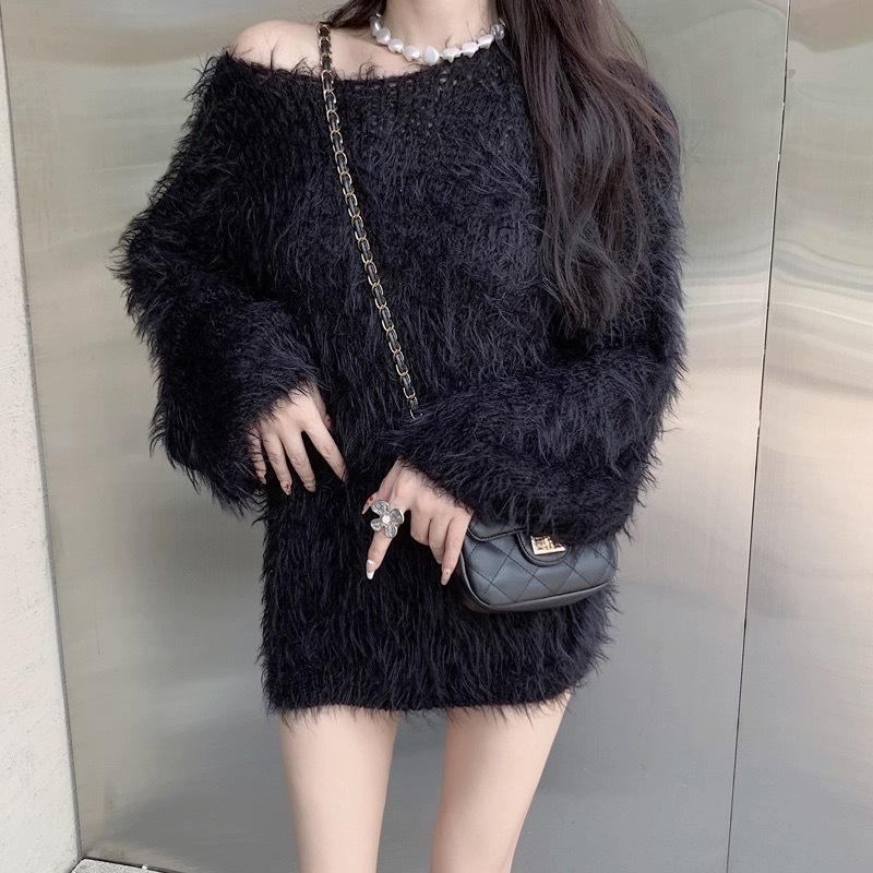 Dámský pletený svetr se svetrem s lodním límcem a volným svetrem z umělého norkového sametu