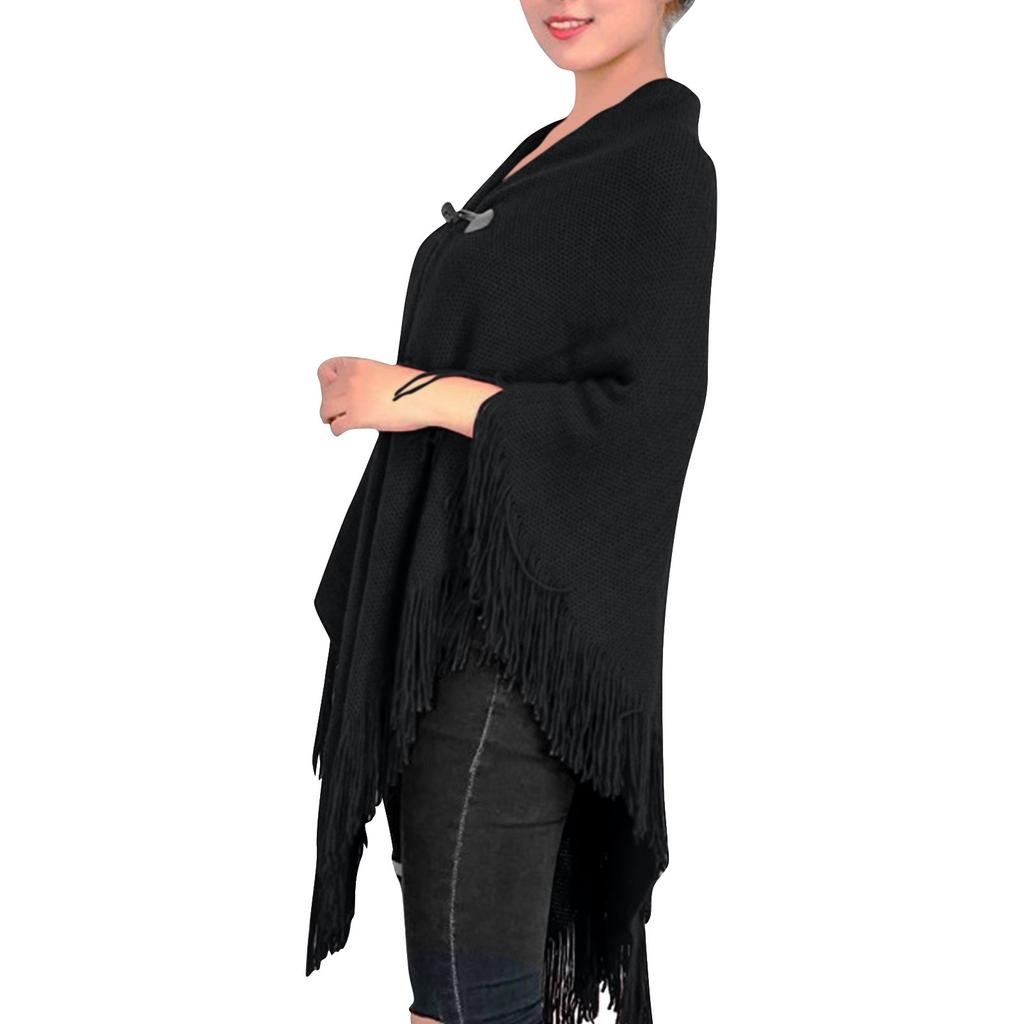 Women's Fashion Autumn/winter Thick Tassel Cape Horn Buckle Solid Color Cape Coat