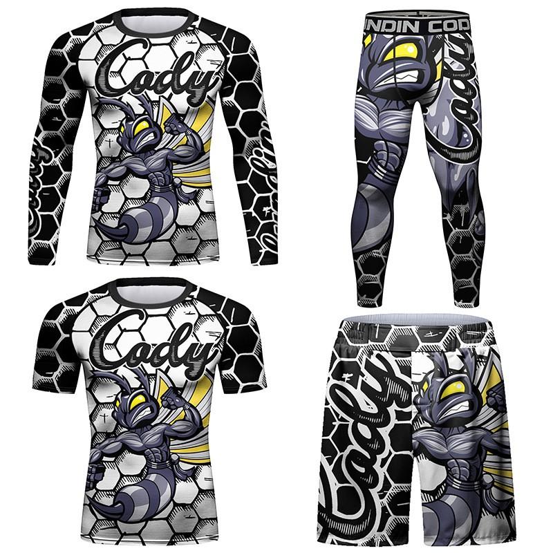Set Base Layer Sportivo a Compressione da Uomo - Top a Manica Lunga Stampato Traspirante Elasticizzato Pantaloni Corsa Palestra Ciclismo Escursionismo