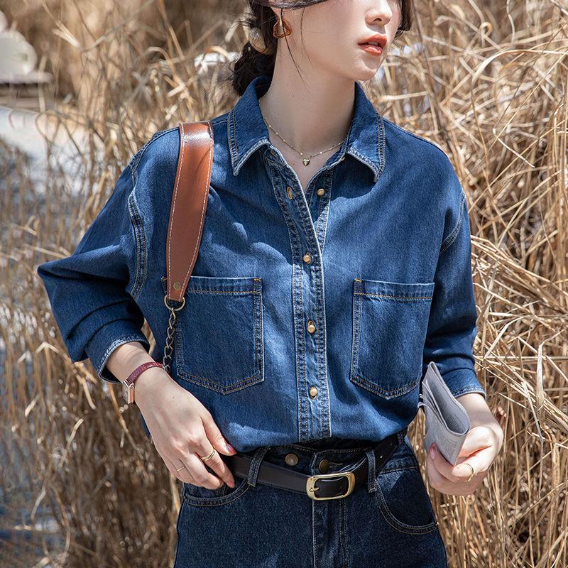 Petite Retro Dunkelblaues Denim-Langarmhemd zum Lagenlook - Herbst- & Winter-Pendlerstil