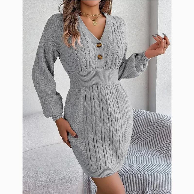 Módne pletené Twist Lucerna Rukáv Sveter Šaty s výstrihom do V, Gombík Elegantné spoločenské dámske šaty Zimné Slim Fit Jednofarebné úpletové šaty 29891