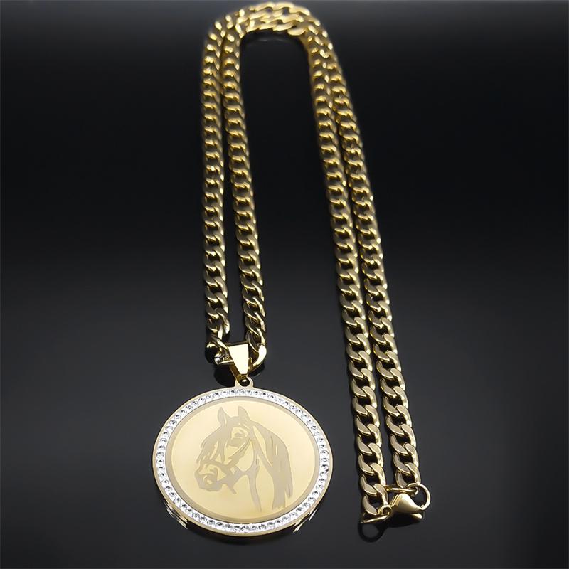 Horse Head Christian Pendant Necklace for Men Hip Hop Stainless Steel Rhinestone Animal Lucky Jewelry Gift for Boyfriend NZZZ498