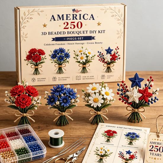 America 250 Beaded Bouquet DIY Kit, 4th of July Patriotic Flower Craft Handmade Set, 1776-2026 Independence Day 3D Beaded Flower Making