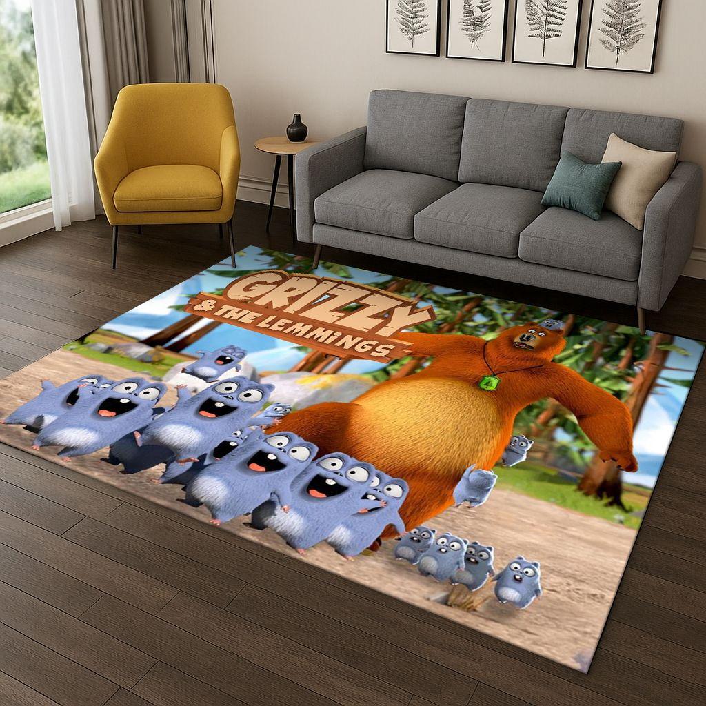 Tappeto Cartoon 3D Grizzy e i Lemming per Camera da Letto Soggiorno Divano Decorazione Casa, Tappeto Area Giochi Bambini Tappetino Antiscivolo Regalo