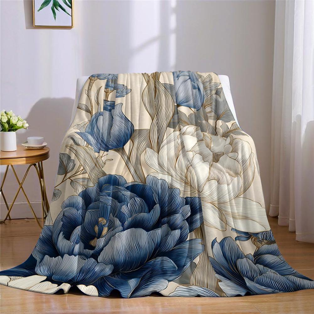 Vintage Blue Tulip Flannel Blanket Warm Soft Halloween Christmas Couch Warm Cozy Decorative Decor Gift for All Season
