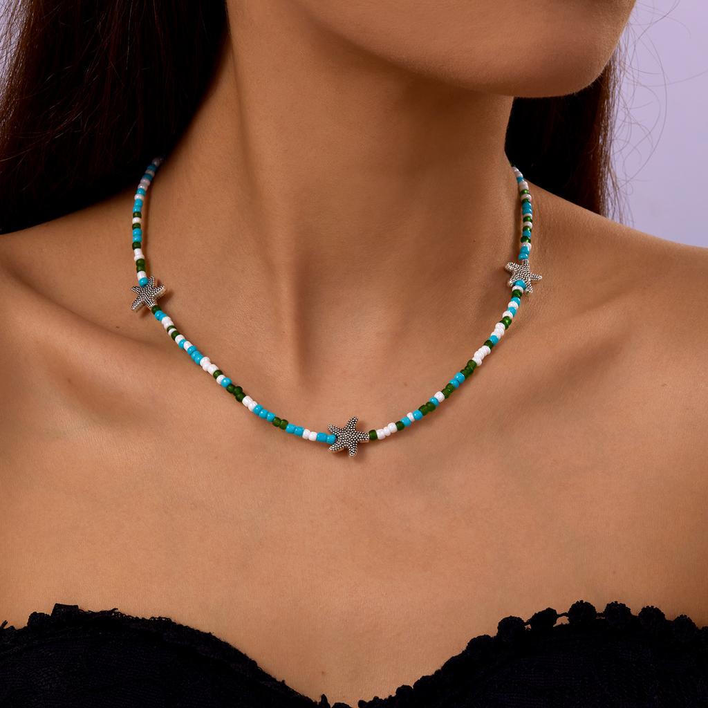 Irregular Colorful Natural Stone Beaded Necklace for Women Handmade Bohemian Starfish Clavicle Chain Beach Party Charm Jewelry