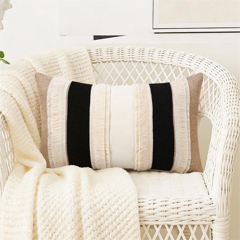 2Pcs Farmhouses Throw Pillow Cover Set, Patchwork Polyester Rectangular Shape With Fringe, 30 X 50 Cm Lumbar Cushion Covers for Home Decors
