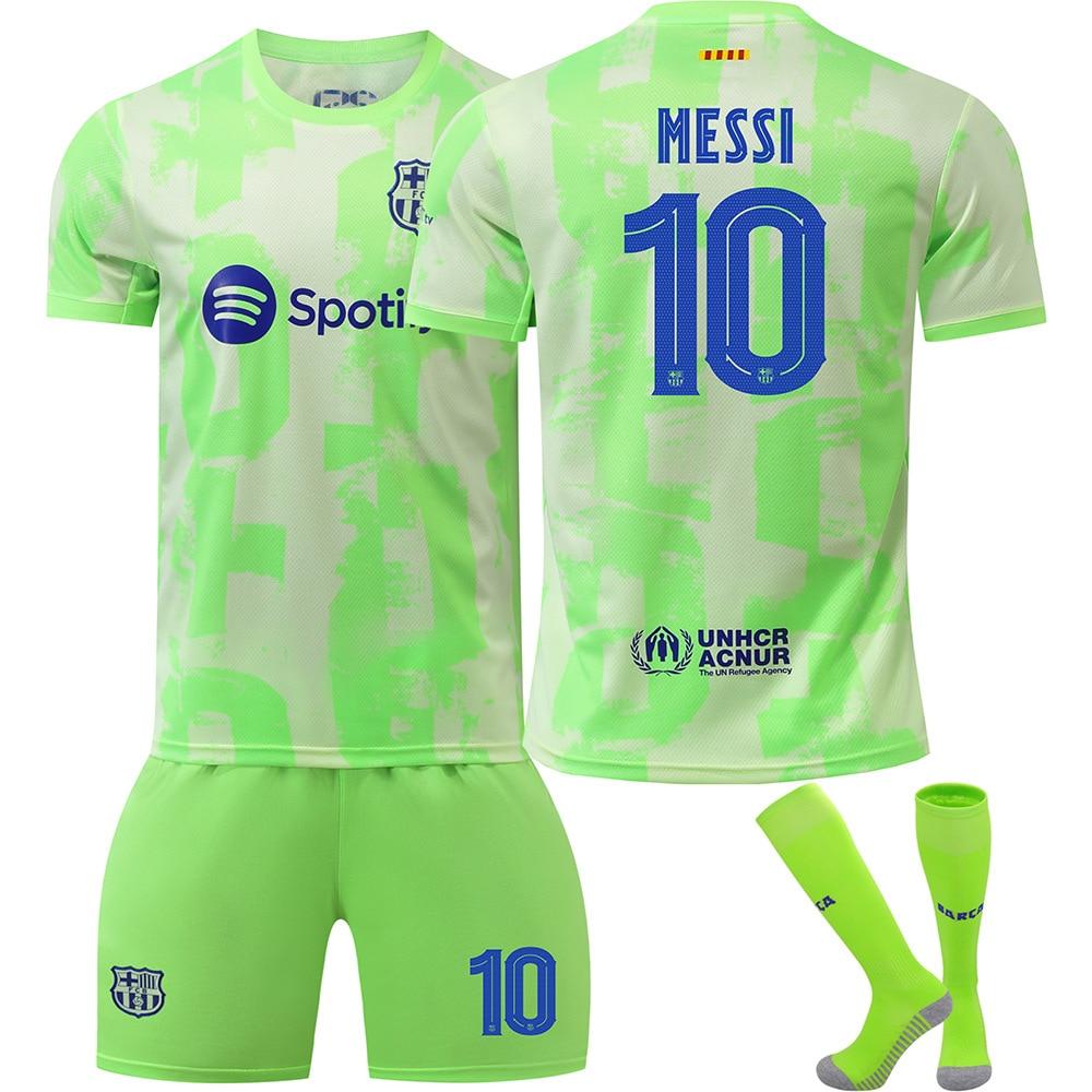 Dětský fotbalový dresový set Barcelona Messi, Zelený, Prodyšné sportovní oblečení pro trénink a zápas