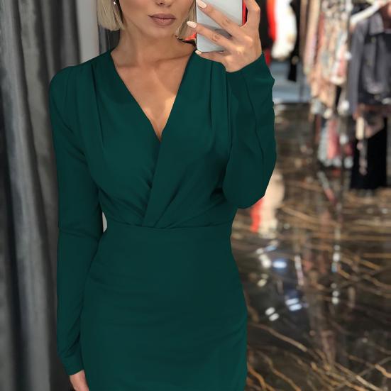 Elegantní dámské podzimní šaty s dlouhým rukávem a hlubokým výstřihem do V, skládané bodycon šaty ke kolenům