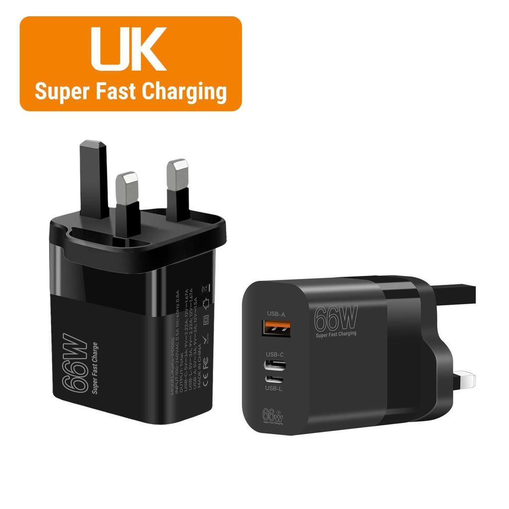 66W Ultra-Fast Charging Adapter with EU/US/UK Plug for Apple, Huawei, Xiaomi Phones
