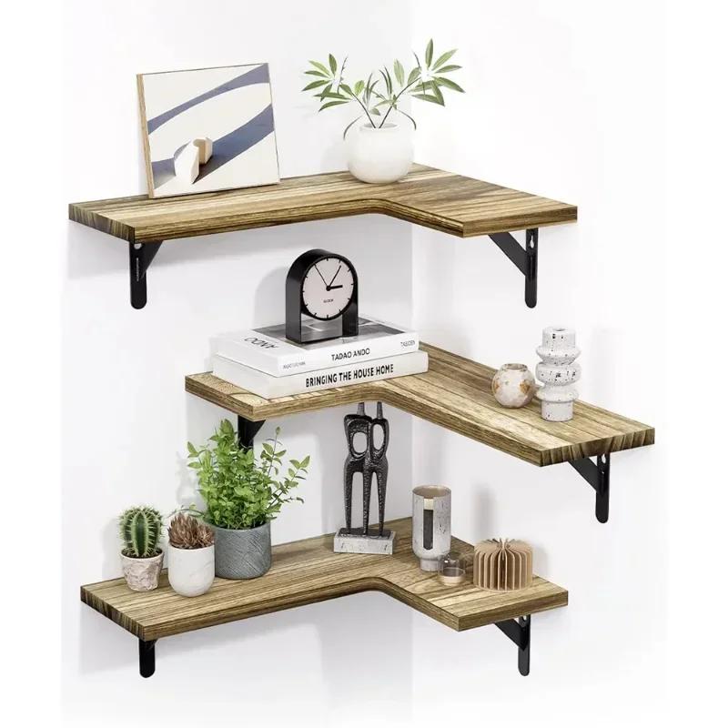 Latest Models Corner Shelves Wall Mounted Set of 3 Wood Wall Shelves for Bedroom /Bathroom/Living Room/Kitchen/Laundry Room