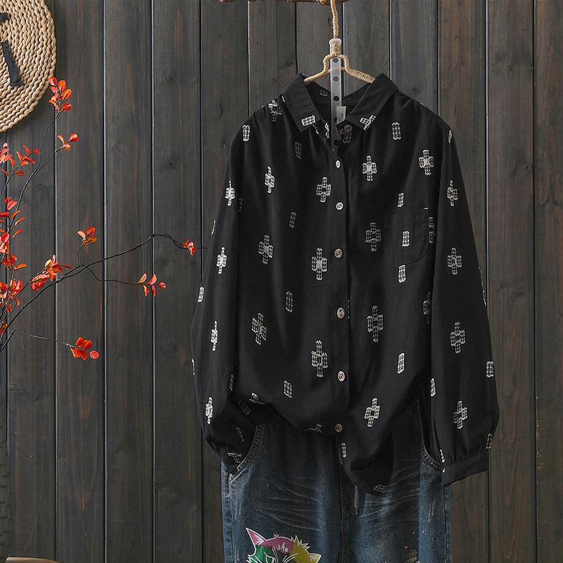 Retro Artistic Spring 2026 Long Sleeve Cotton Linen Base Layer Shirt M чёрный