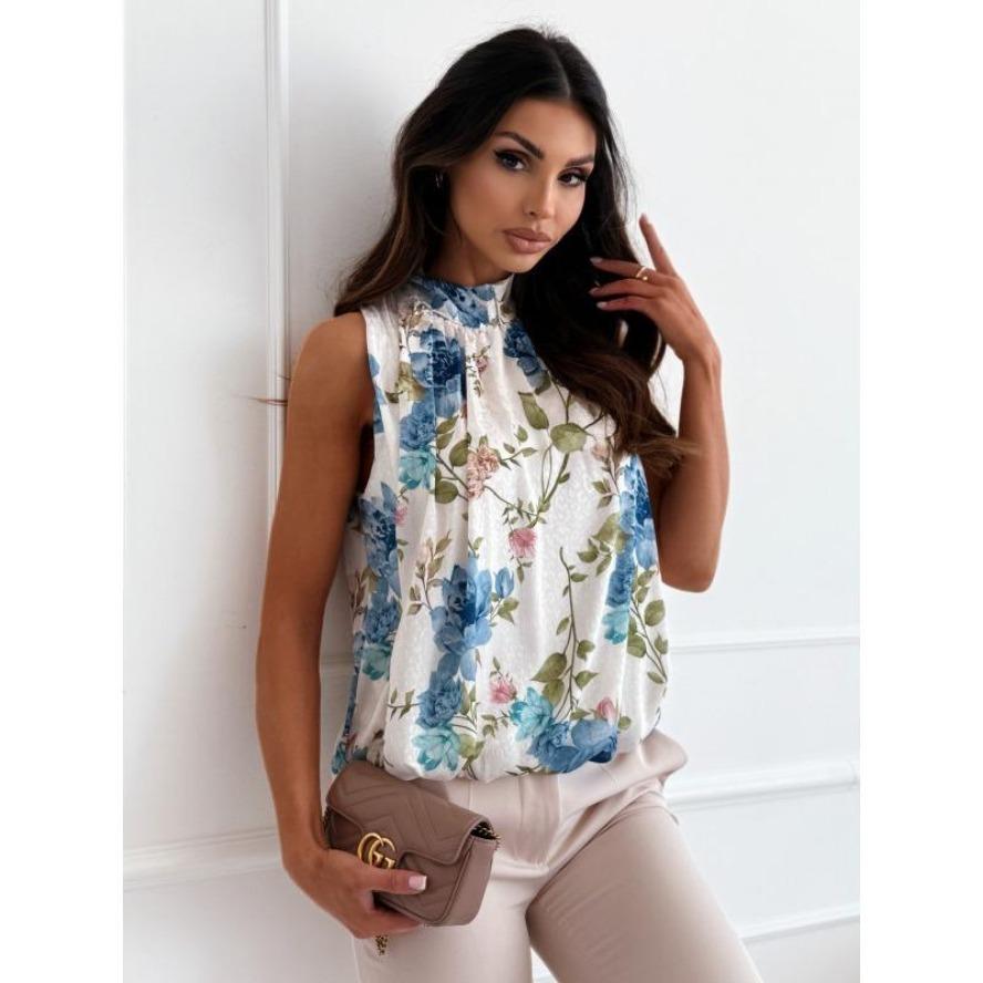 YYFS Women's Fashion Casual Summer Spring Flower Pattern Print Sleeveless Half Turtleneck Blouses & Shirts