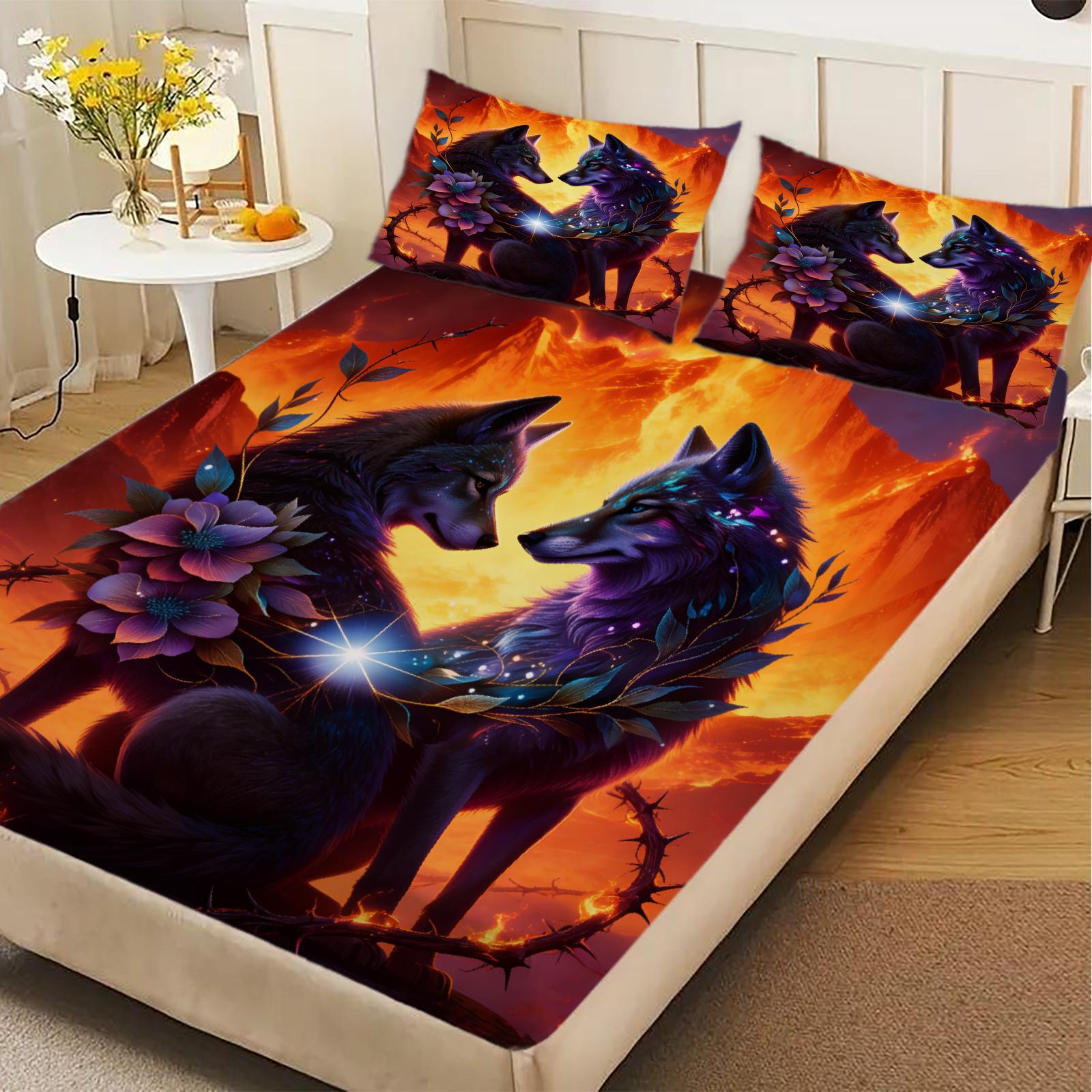 

Wolf Couple Fitted Sheet Set Orange Purple Floral And Starry Design With Pillowcases For Bedroom Decor 99x190x25cm
