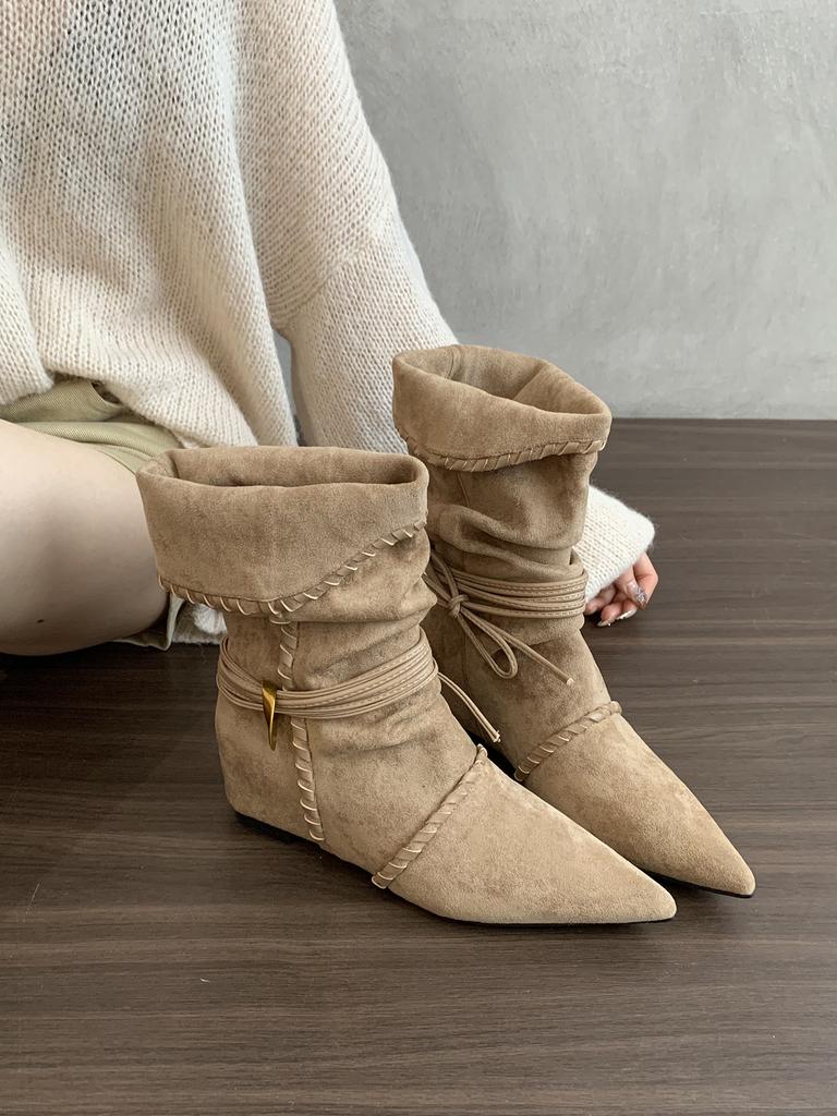 Inner Heightening Pointed Retro Babes Short Boots Women's Shoes 2025 Autumn and Winter Single Boots Brown Maillard Western Cowboy Boots