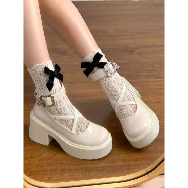 Thick-soled Mary Jane small leather shoes women's summer one-word button round head French retro thick heel high heel single shoes