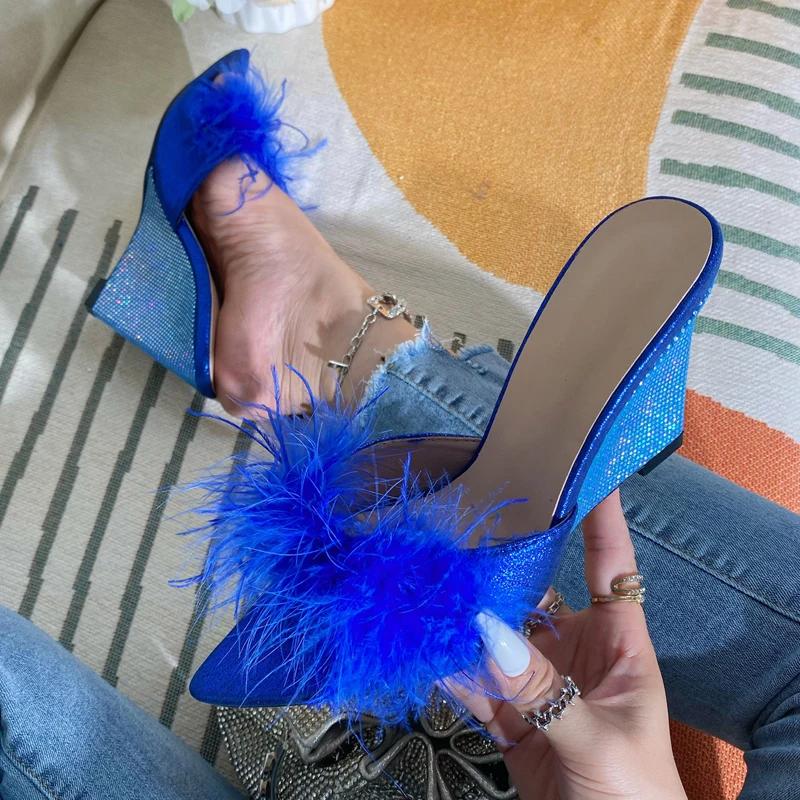 Fashion Eilyken New Design Feather Fur Wedges Slippers Sandals Women Pointed Toe Mules Lady Pumps Slides Zapatillas De Mujer