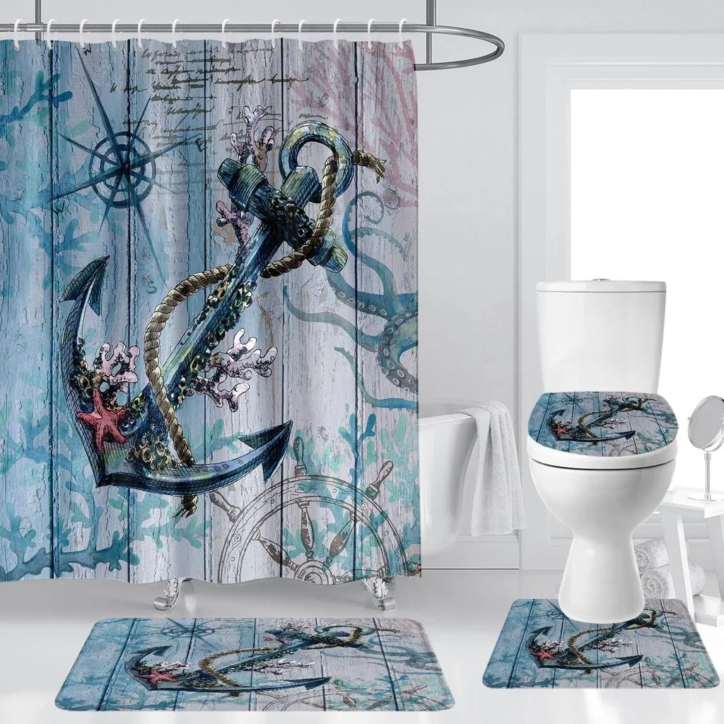 Anchor Shower Curtain Sets Non-Slip Rug Toilet Lid Cover Bath Mat Nautical Anchor Rustic Wood Waterproof Bathroom Curtains Set