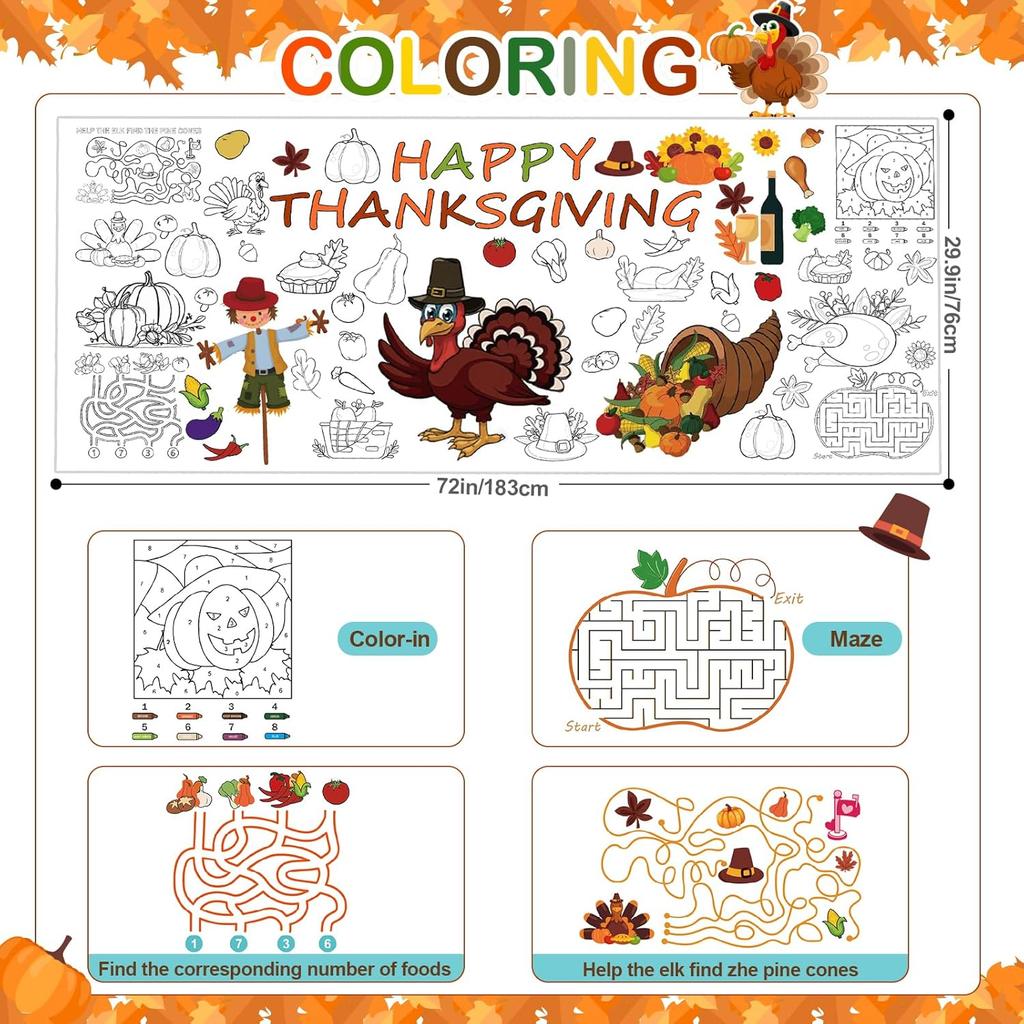 Bonropin Thanksgiving Party Giant Coloring Poster - 31.5X 72 Inches,1 Pack Thanksgiving Fall Coloring Tablecloth for Kids, Paper Holiday Themed