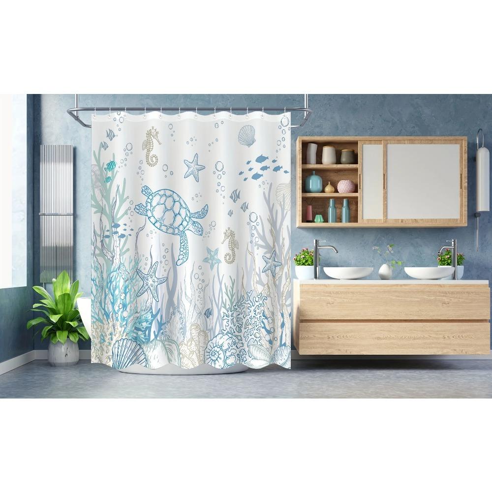 1pc Nautical Coastal Turtle Shower Curtain - Ocean Themed with Coral, Starfish & Seahorse, 12 Hooks, Bathroom Decor