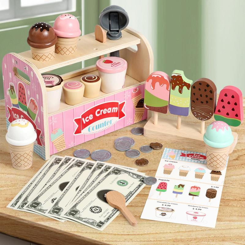 

Wooden Pretend Kids Ice Cream Shop Playset With Natural Finish For Birthday Gift Pink