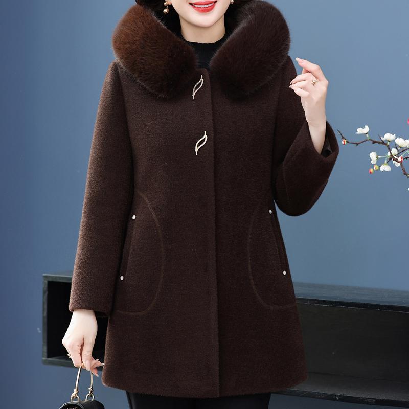 

Жіночі зимові пальта середнього віку Товста тепла вовняна та змішана куртки Елегантний вільний верхній одяг із коміром зі штучного хутра 2XL коричневий