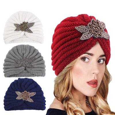 New Women's Rhinestone Flower Handmade Knitted Turban Outdoor Acrylic Beanie Cap Elastic Head Wraps Coldproof Warm Knit Hats