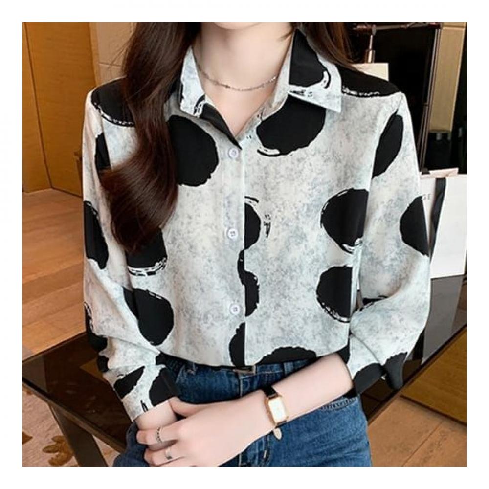 Navava Unisex Vintage Dot Print Long Sleeve Collar Shirt Nb1833