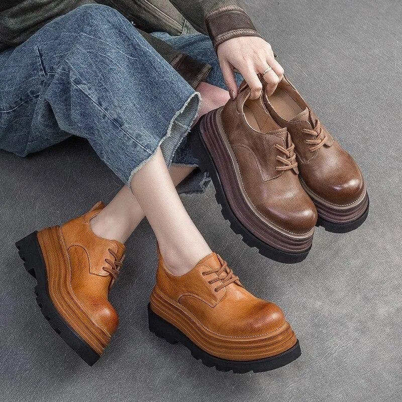 Johnature Zapatos de plataforma plana con suela gruesa y elevación retro, zapatos de mujer de moda versátiles con cordones y punta redonda