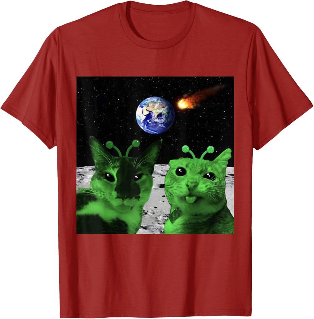 Alien Cats Moon Meteor Earth Invasion Graphic Tee Men's Casual Cotton T-Shirt