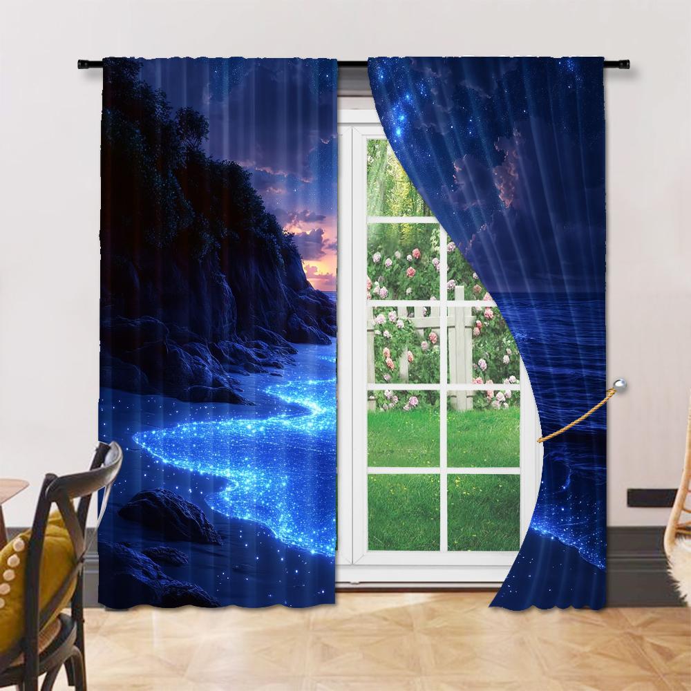 Set Of 2 Versatile Polyester Transparent Curtains Home Decoration Beach Night Scene Theme Use Bedrooms Living Rooms Curtain For Area Made