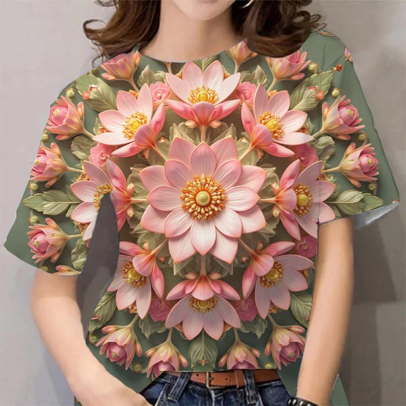 Women s Flower Pattern Graffiti Print Short Sleeve Casual T-Shirt XXS