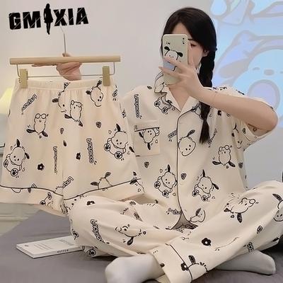 Pijama de Verano de Moda para Mujer, Conjunto de Tres Piezas de Manga Corta, Algodón-like de Dibujos Animados para Estudiante, Ropa para el Hogar, Se Puede Usar Fuera