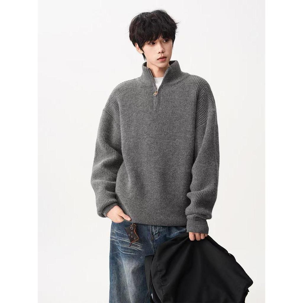Men's Loose Knit Half-Zip Sweater - Solid Color, Stand-Up Collar, Cozy Autumn/Winter Pullover
