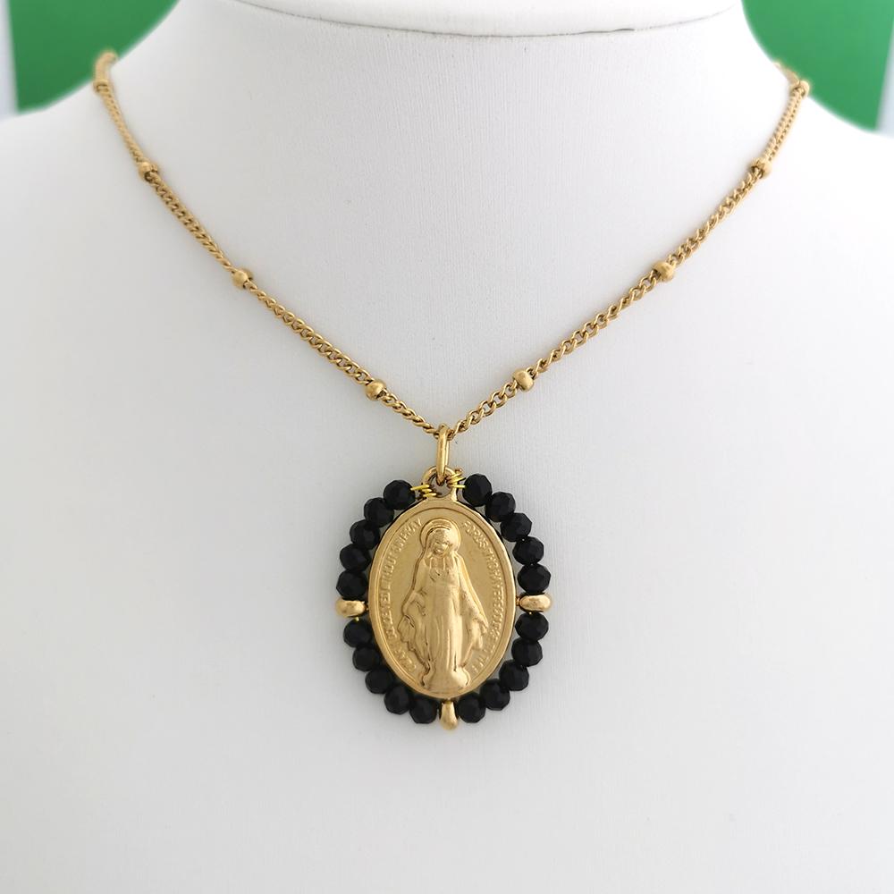 QMHJE Virgin Mary Stainless Steel Pendant Necklace Women Choker Beads Chain Oval Round Charm Gold Color Jewelry White Black