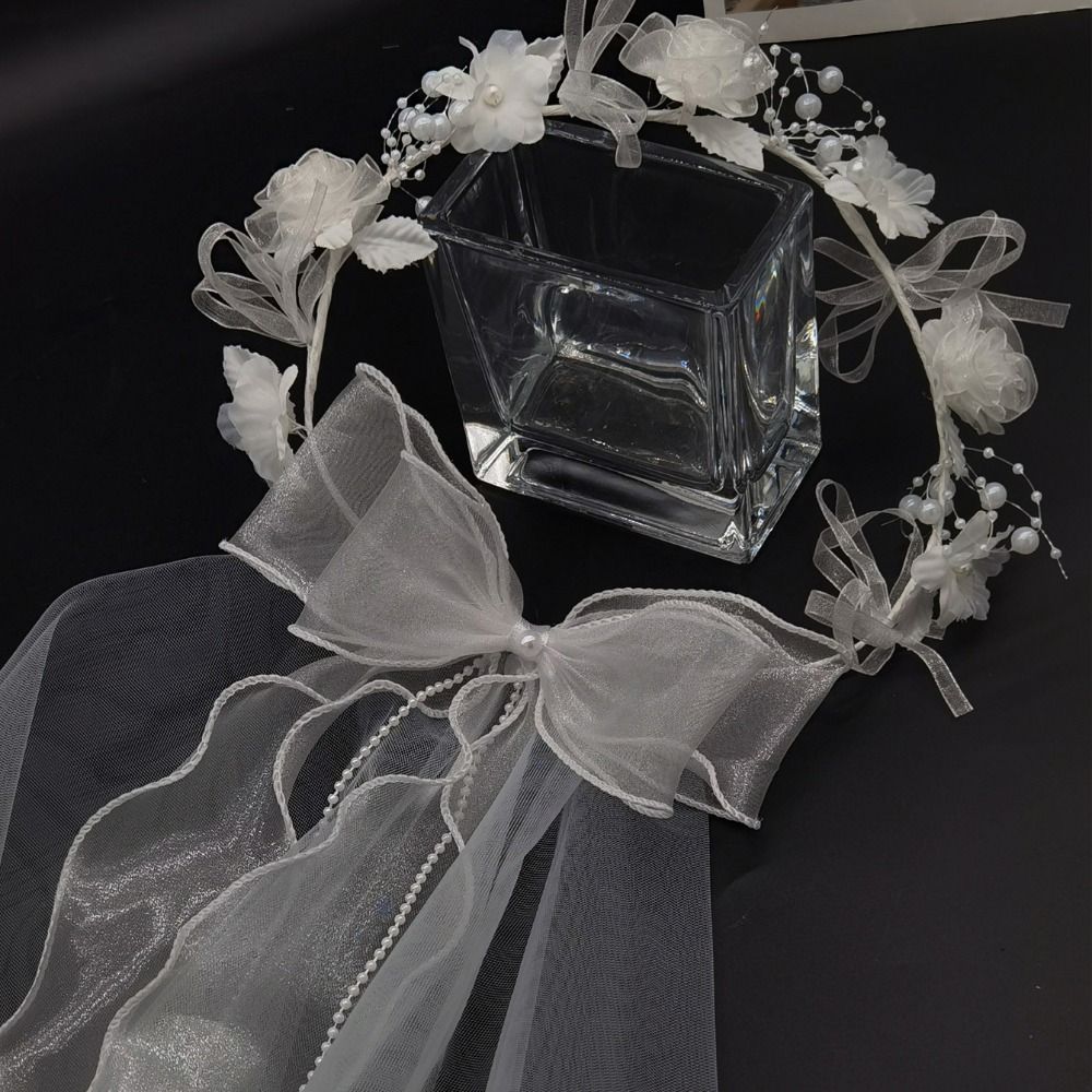 White Bridal Veil Mesh Flower Wreath Portable Marriage Headwear Outdoor Wedding Guest