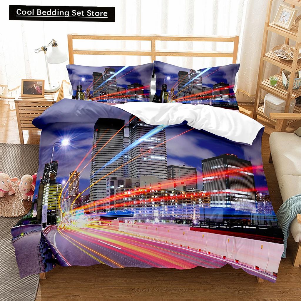 Comforter Cityscapes King Queen Tall Buildings Landscape Bedding Set Busy Traffic View Polyester Comforter