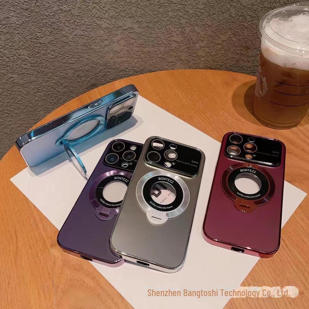 iPhone 15 Electroplated Bracket Case with Large Window, Frosted Design, Magnetic Suction, Anti-fall Protection