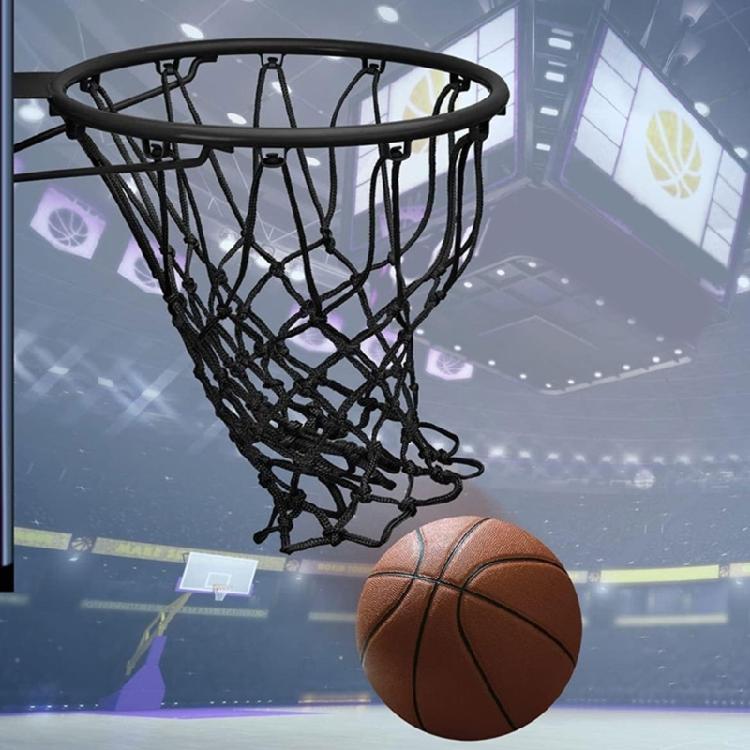 Werkzeugloses Basketballnetz mit 12 oberen Aufhängungspunkten, verstärkten Verbindungsbereichen und einem sich verjüngenden, offenmaschigen Körper für Basketballübungen und Training