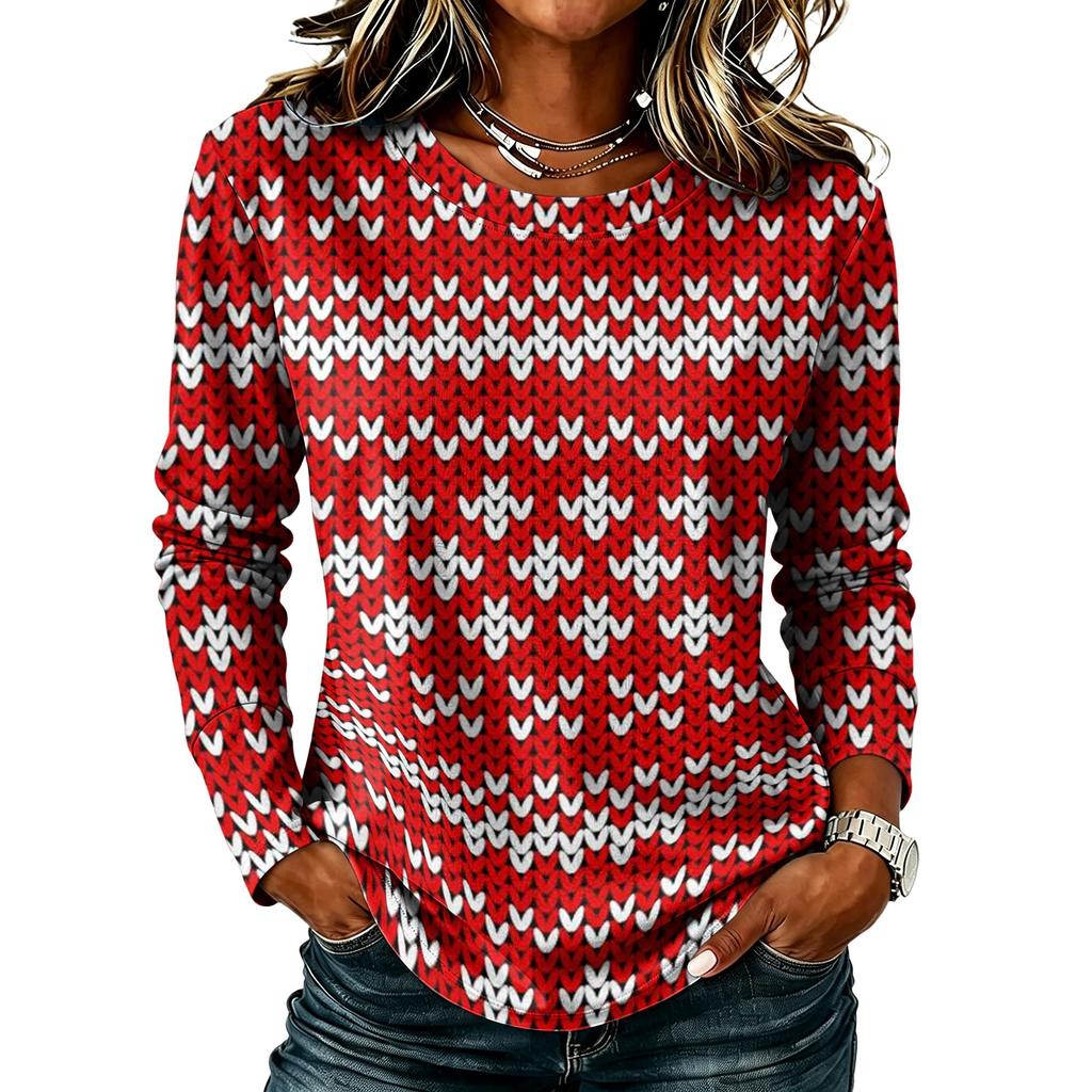 Women's Stylish Casual Christmas Print Long Sleeve Neck Top for Winter Holiday