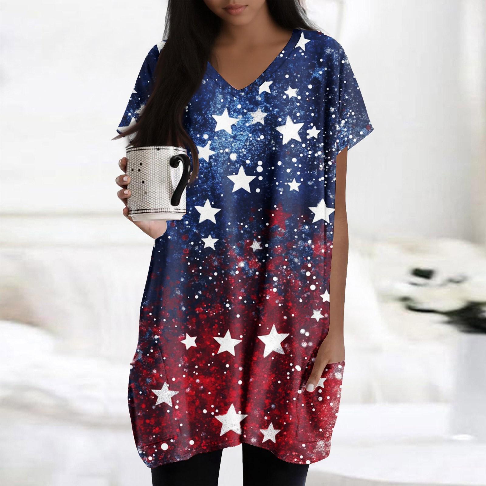Womens Tops V-neck Short Sleeve Blouses Casual Mid-length Shirts Fashion Print Tunic Tops With Pockets L
